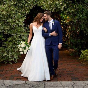 Clean Dove Satin Ballgown with Sheer Back & Illusion Panelling